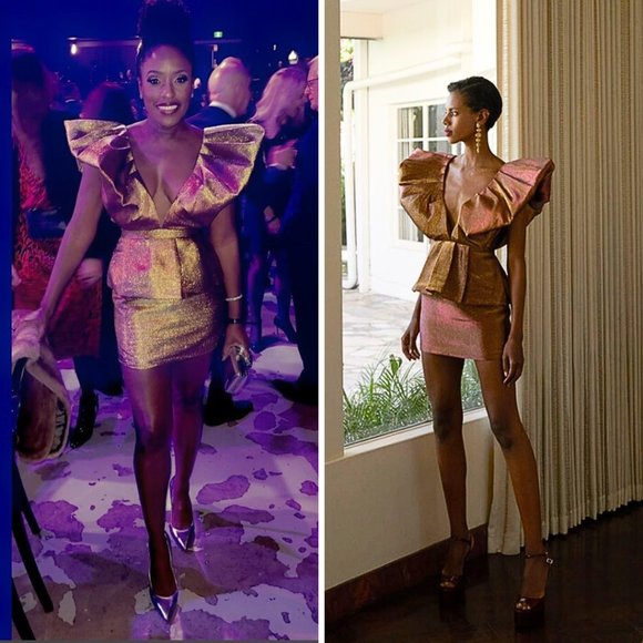 RONNY KOBO Calin Metallic Puffed Shoulders Iridescent Lame Tiered Mini Dress NWT - Picture 2 of 16